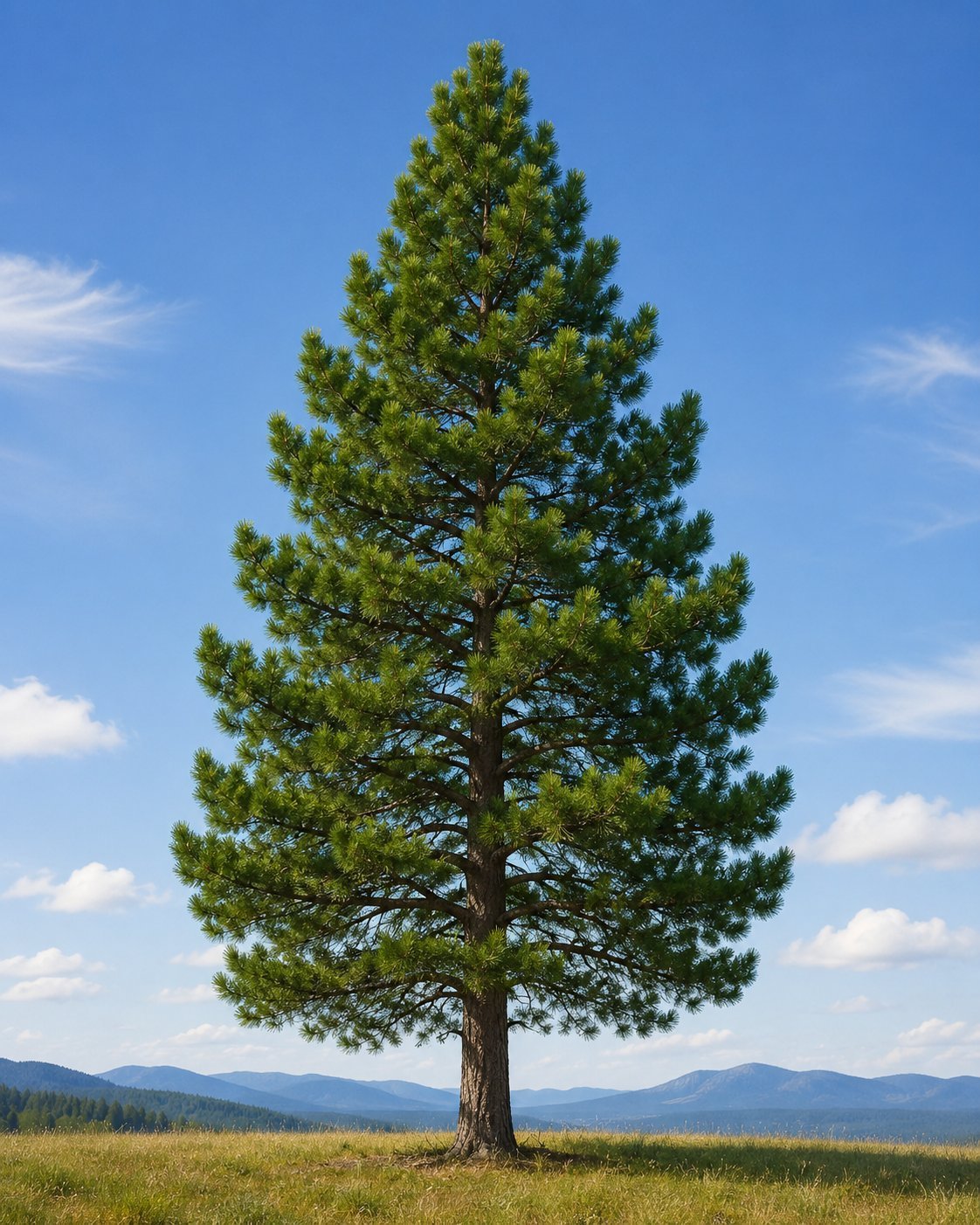 A tall pine tree standing alone in an open field, used as the subject of the Tree Exercise